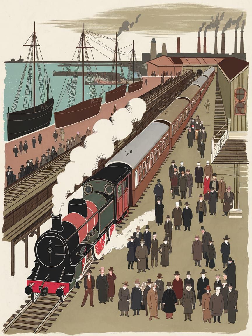 Vintage-Style 19th-Century Harbor Scene with Steam Locomotiv...