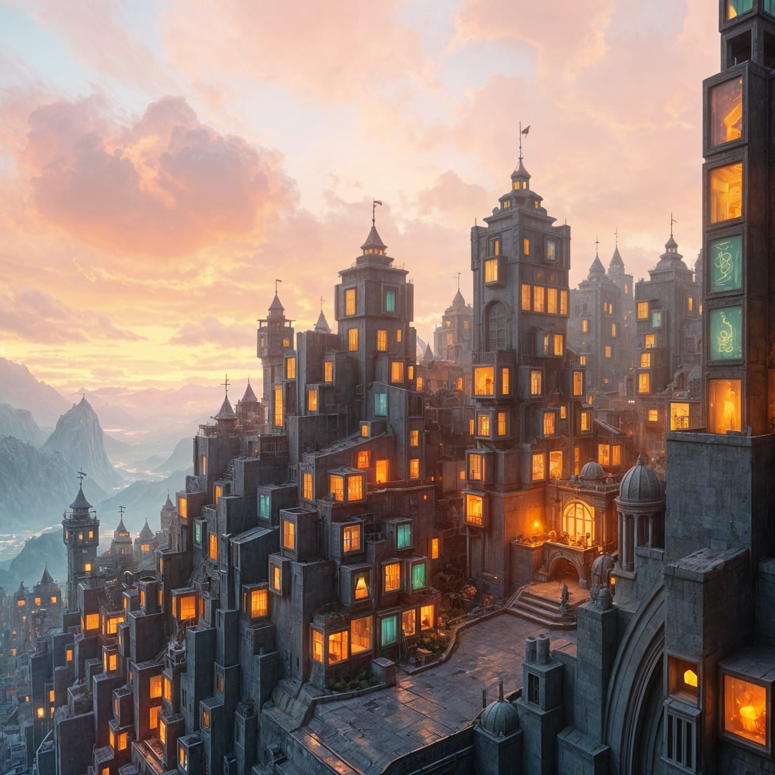 Infinite Square Cityscape in Whimsical Surrealism Style