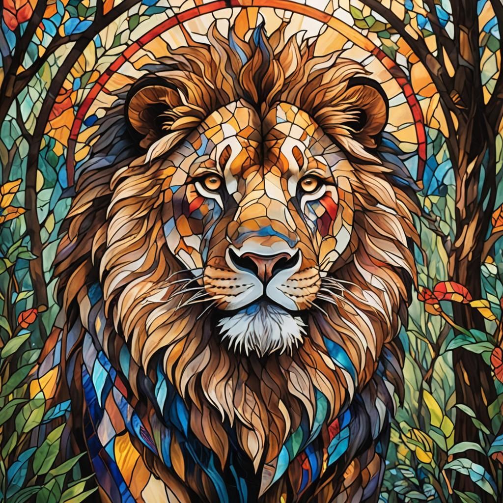 Stained-Glass Lion in Forest, Gouache Style
