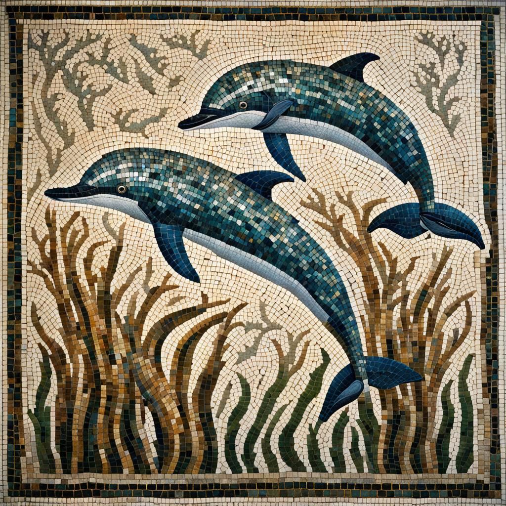 Dolphins in Underwater Mosaic Scene, Ancient Roman Style