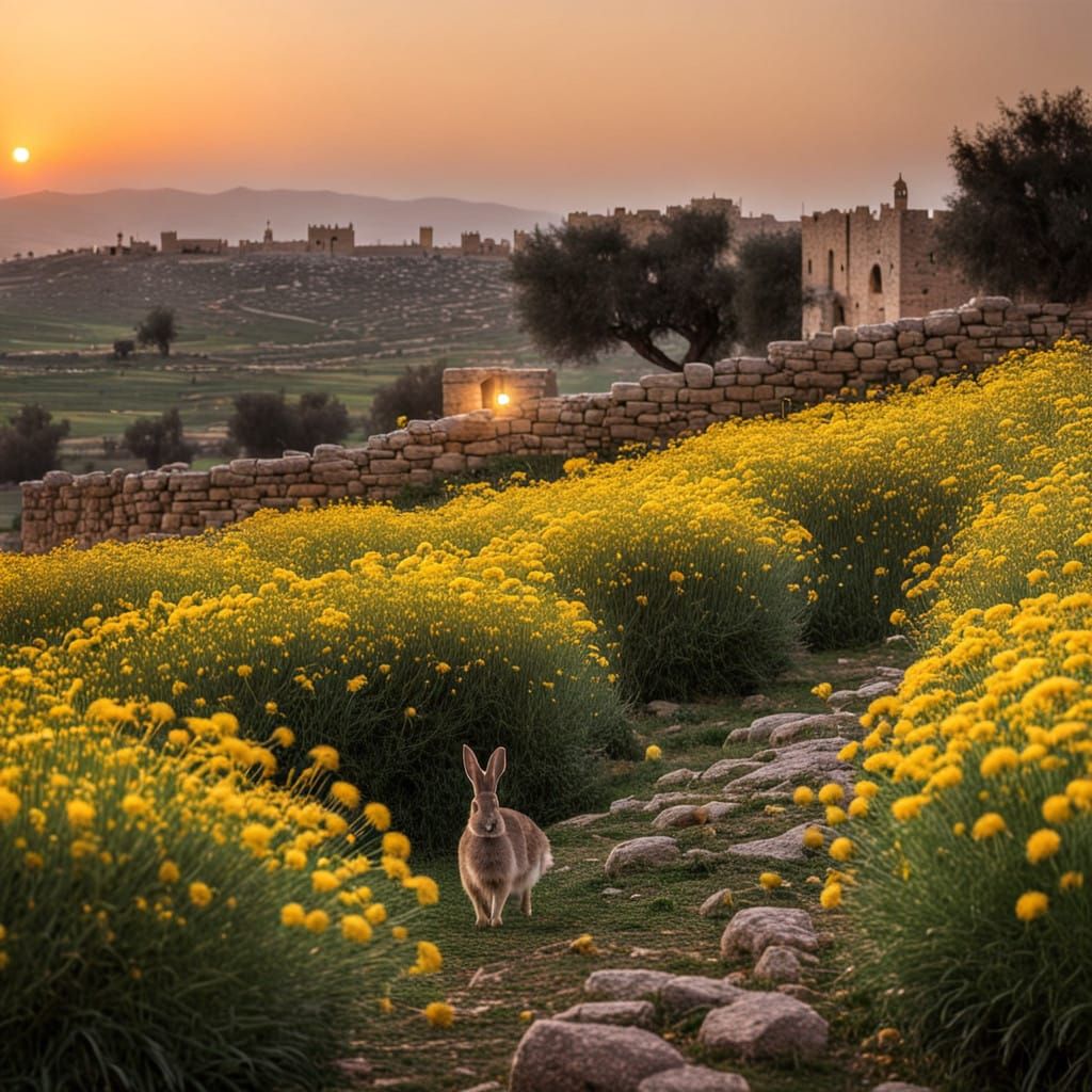 Twilight Palestine Countryside Scene with Dandelions and Oli...