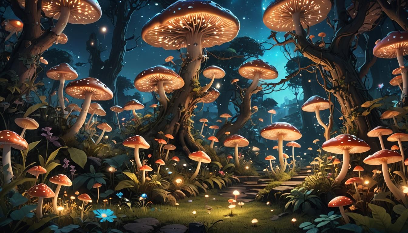 Luminous Bioluminescent Garden at Night: Vibrant 3D Anime Ar...