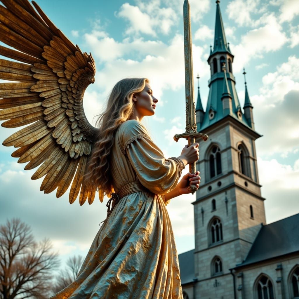 Armored Angel Holding Sword in Radiant Sky