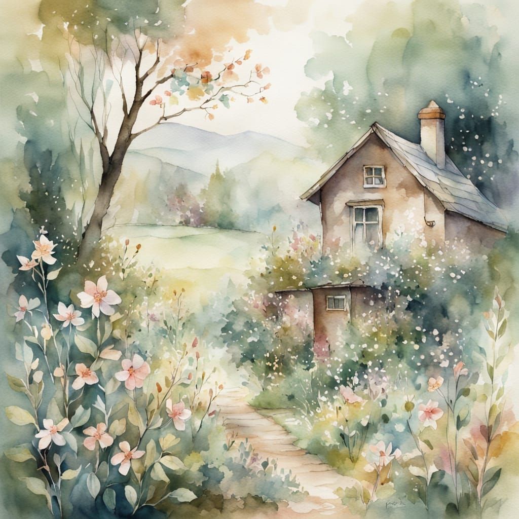 Rustic Cottage in Watercolour Folk Art Style
