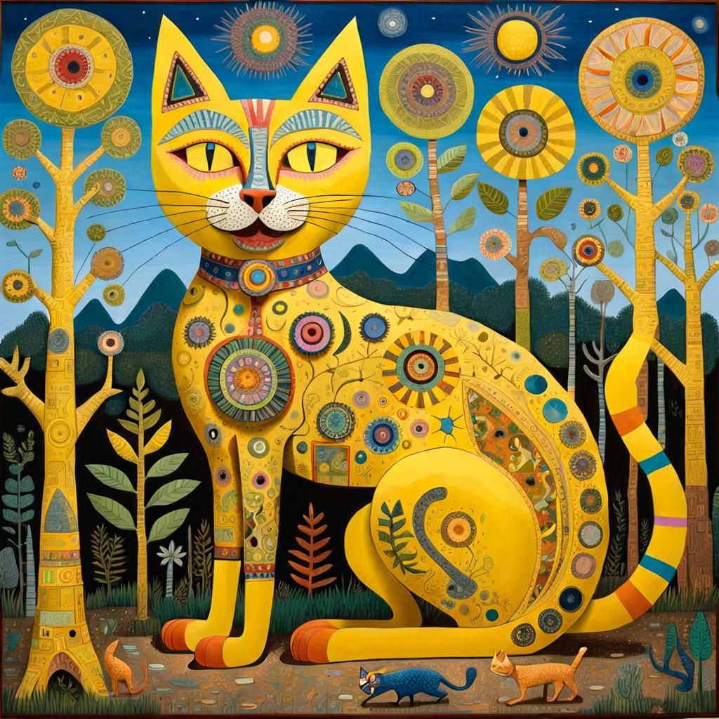 Whimsical Yellow Cat in Folk Art Style