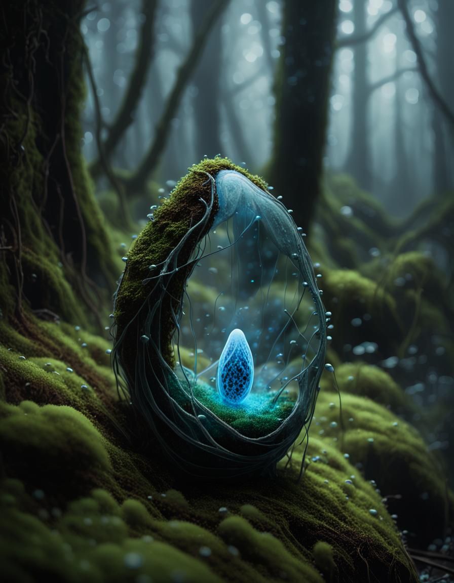 Bioluminescent Cocoon in Misty Dark Fantasy Forest