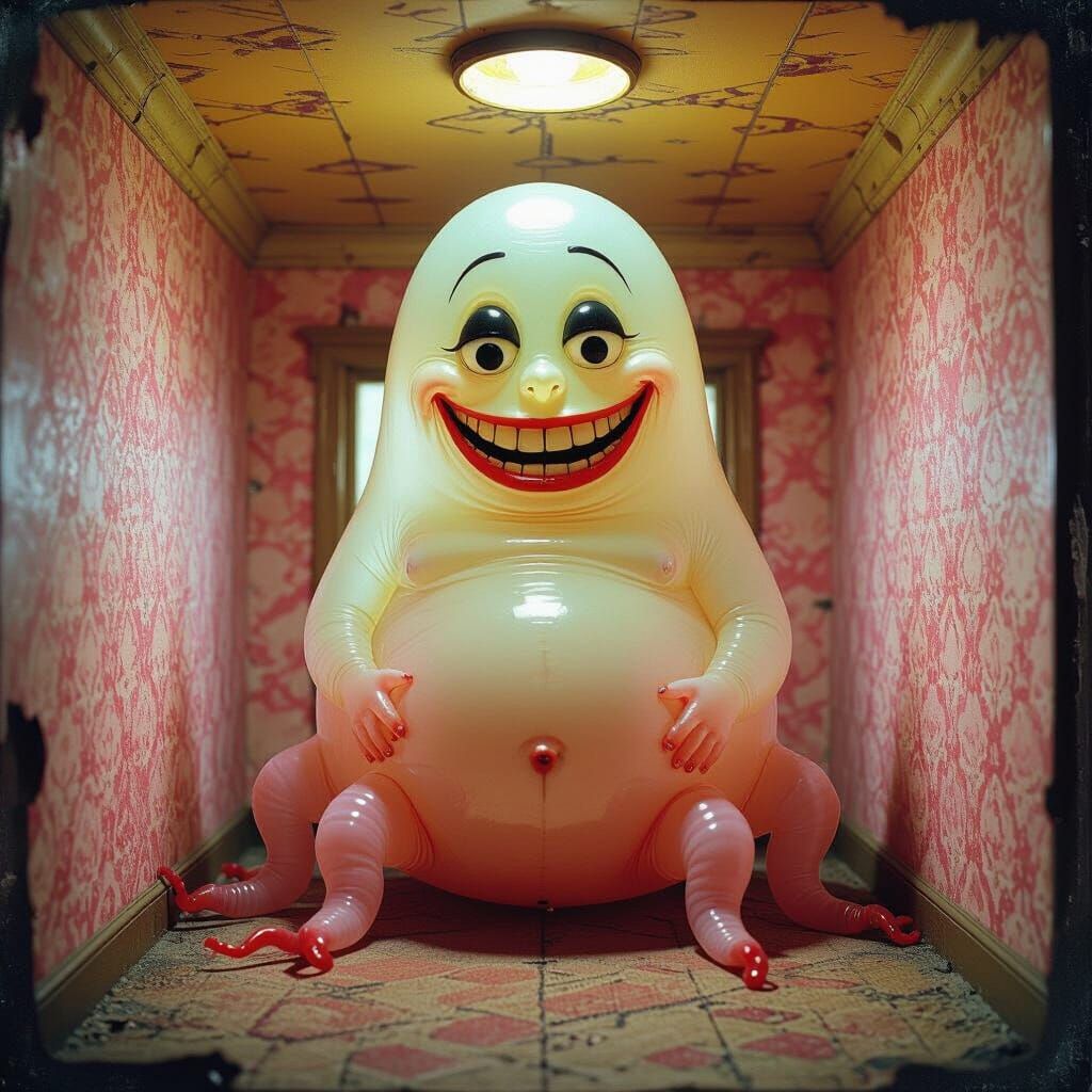 Surreal Pregnant Shibboleth with Smiley Face in Antique Room