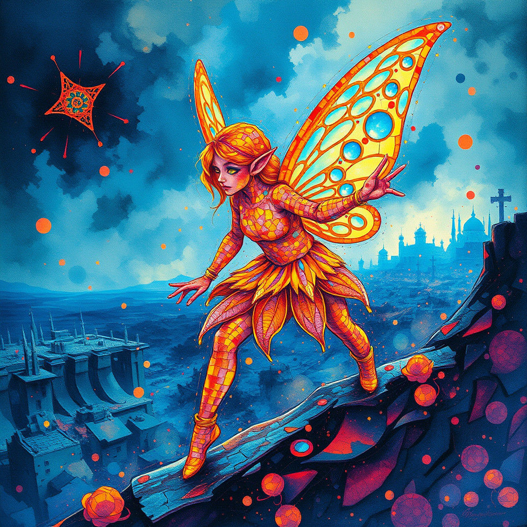 Luminescent Mosaic Fairy Elf in Watercolor Landscape