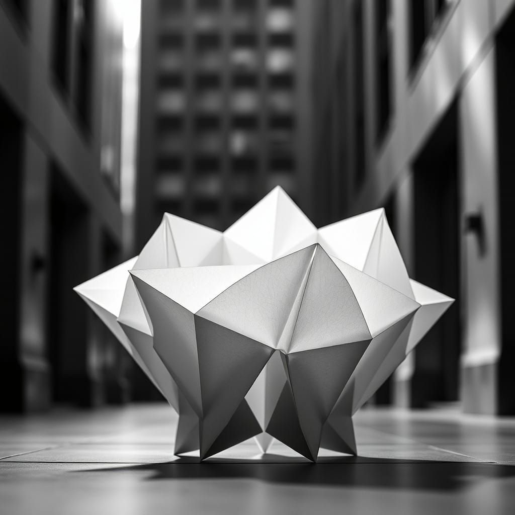 Monochromatic Origami Piece in Urban Environment, Chiaroscur...