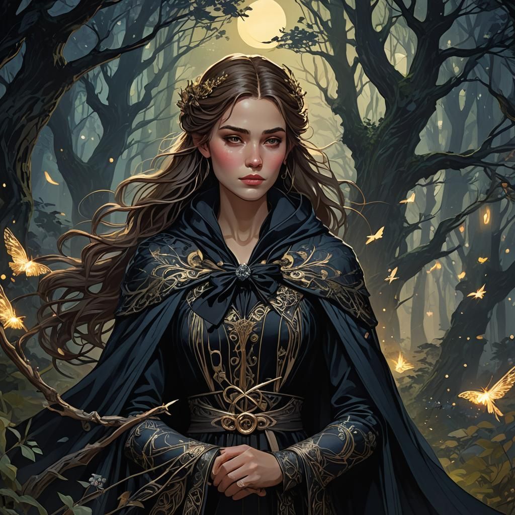 Feyre in Moonlit Forest, Art Nouveau Style