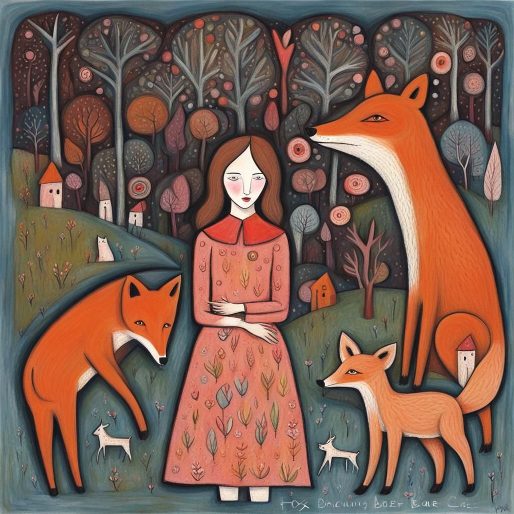 Woman in Fairytale Forest: Naive Art Brut Print