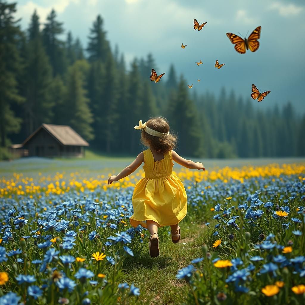 Girl Runs Through Cornflowers, Cinematic Digital Painting