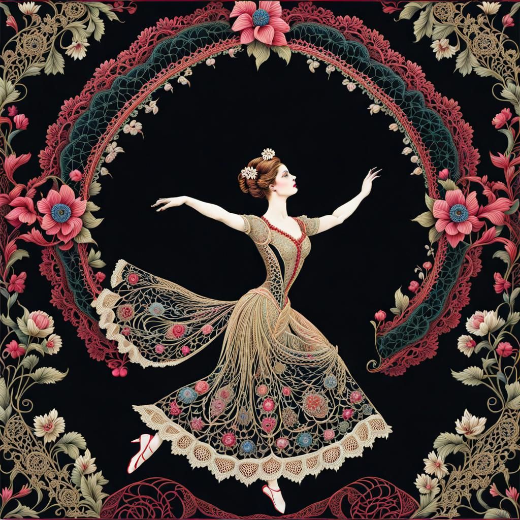 Intricate Victorian Lace Artwork of Ballerina in Forest