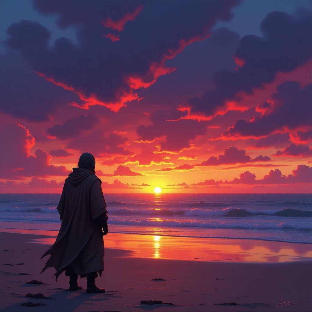 Desolate Beach Sunset in a Detailed Matte Painting Style