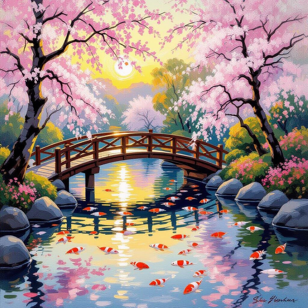 Serene Japanese Garden in Impressionist Style