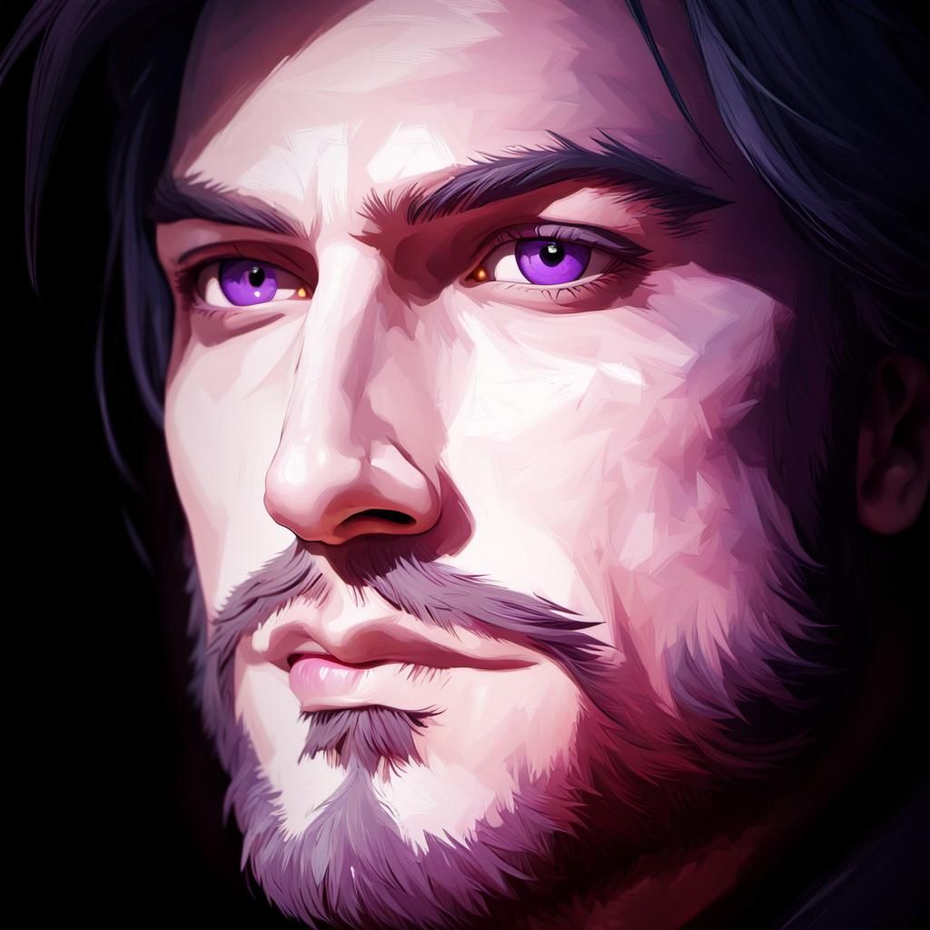 Hyperrealistic Witcher with Purple Eyes in Splash Art Style