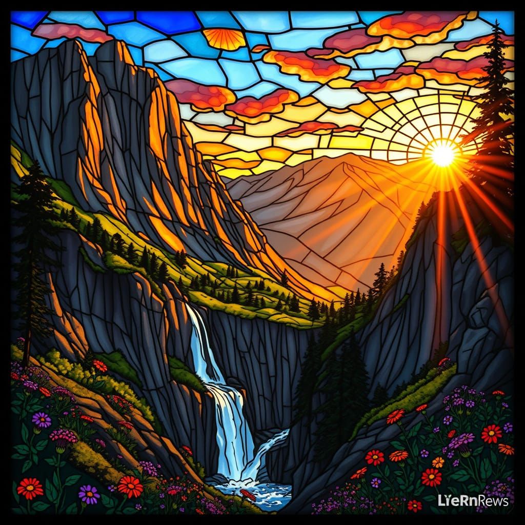 Serene Stained Glass Mountain Landscape at Sunset