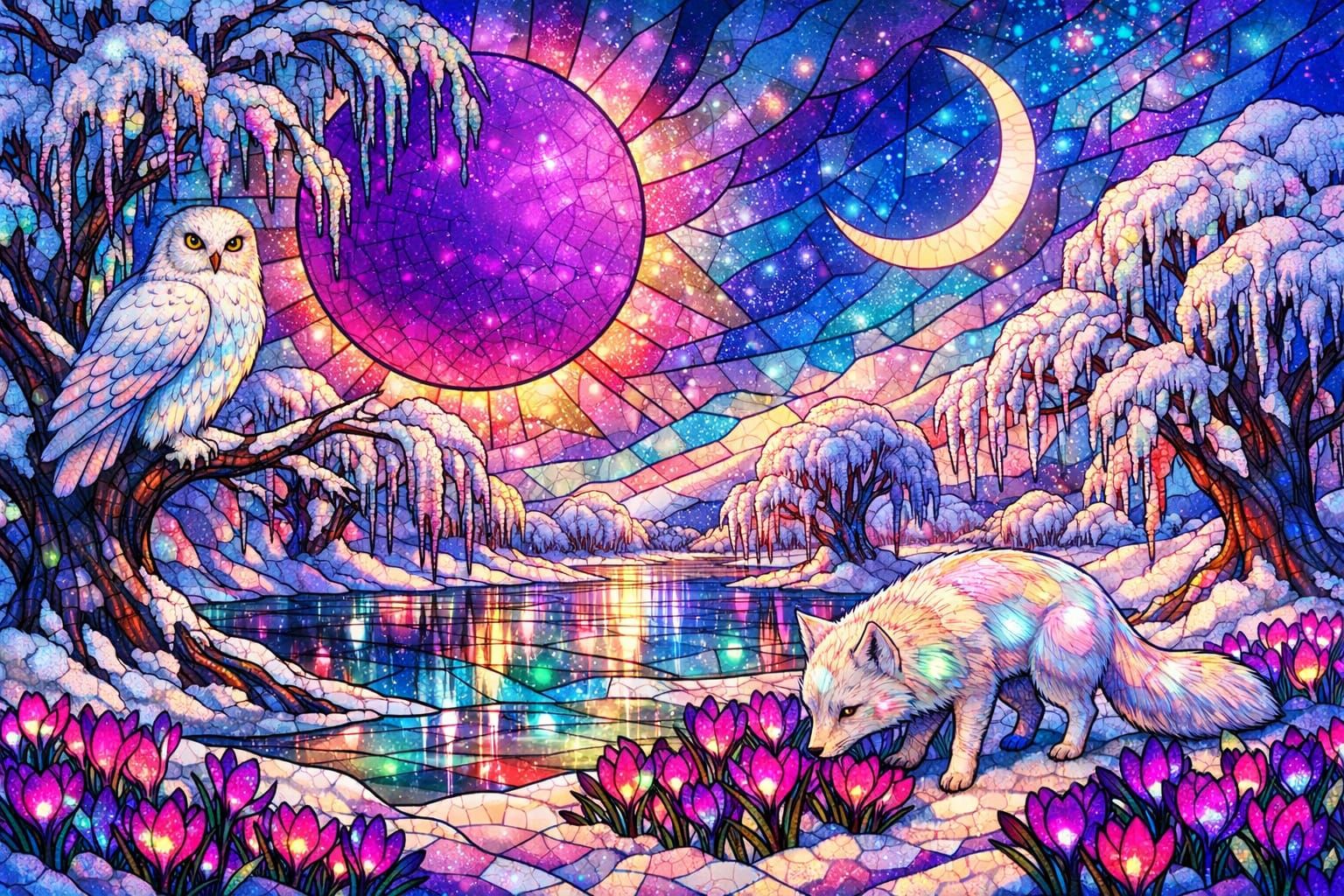 Surreal Stained Glass Landscape with Purple Sun
