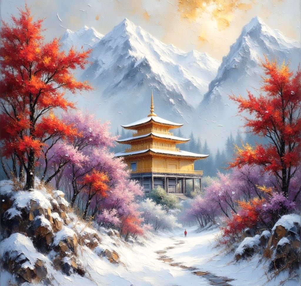Misty Mountain Temple in Snow Blizzard Impasto Painting
