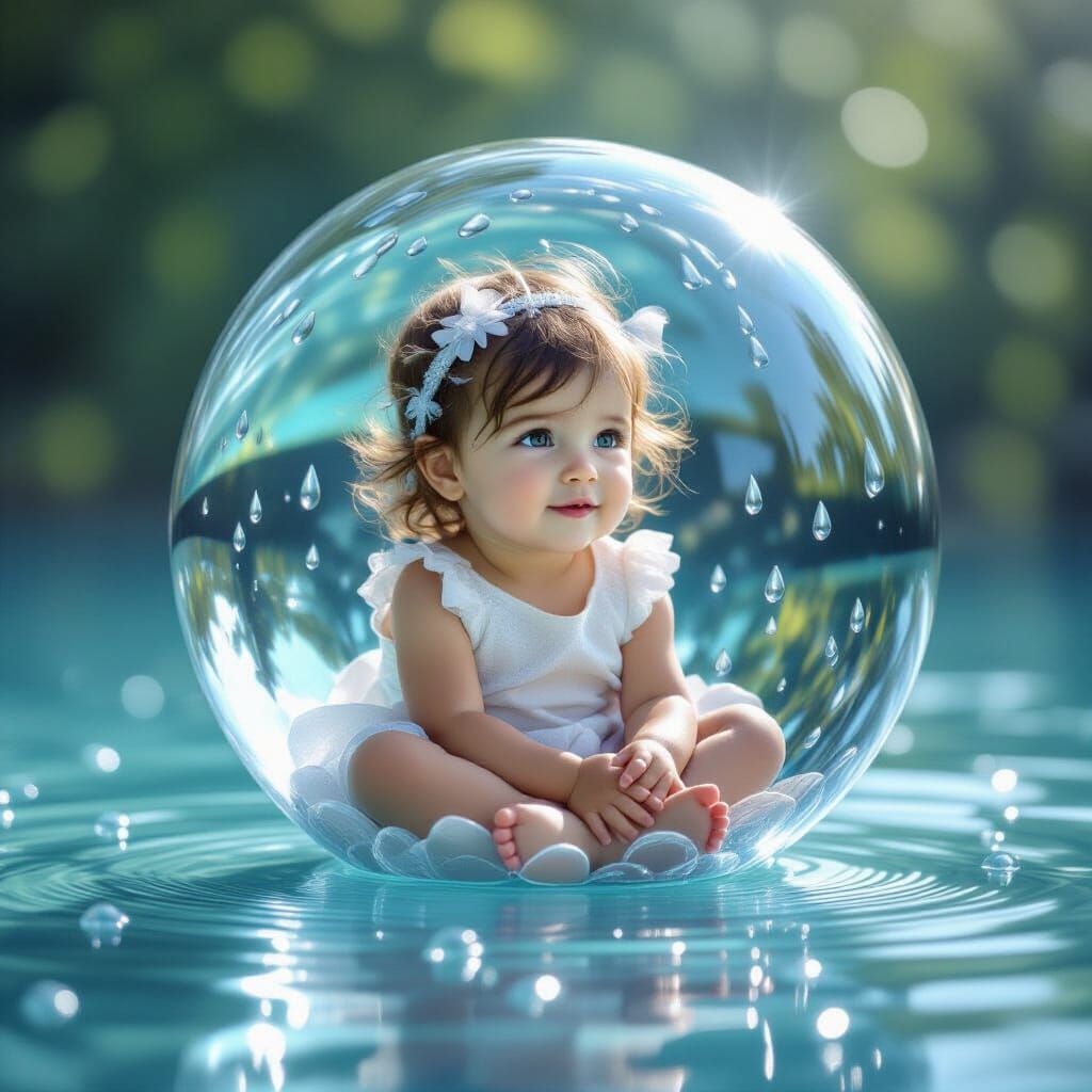 Child in Crystal Ball Among Water Droplets