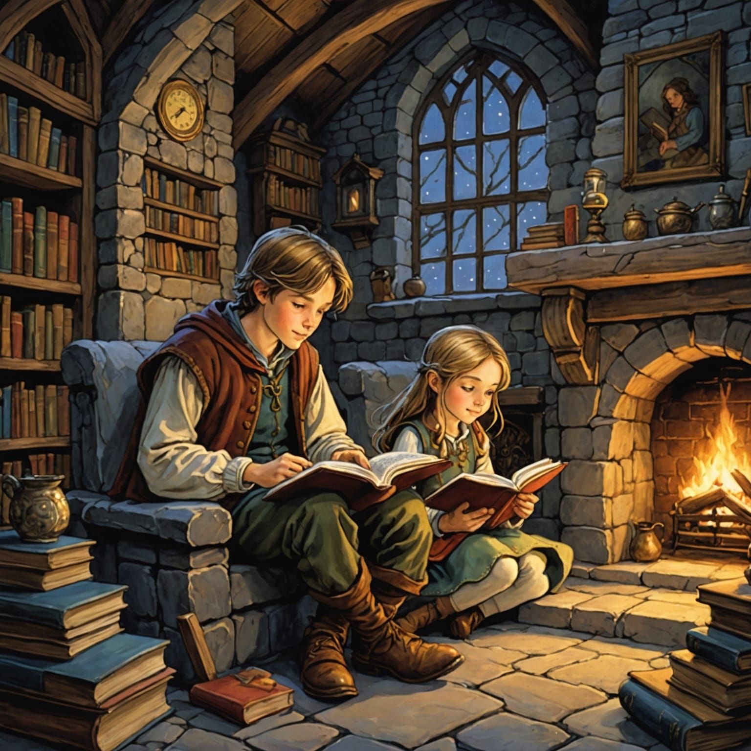 Cozy Medieval Night: Siblings Reading by Firelight