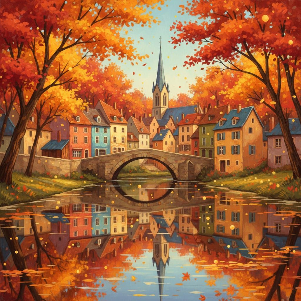 Autumnal European Town Reflected in River