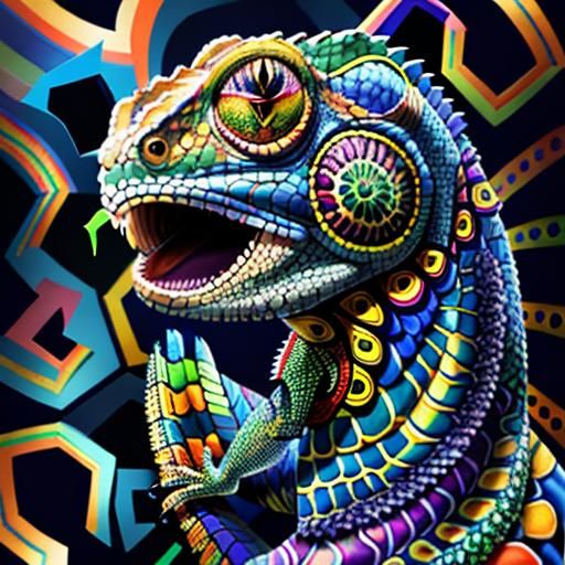 Colorful Chameleon with Rainbow Organic Patterns