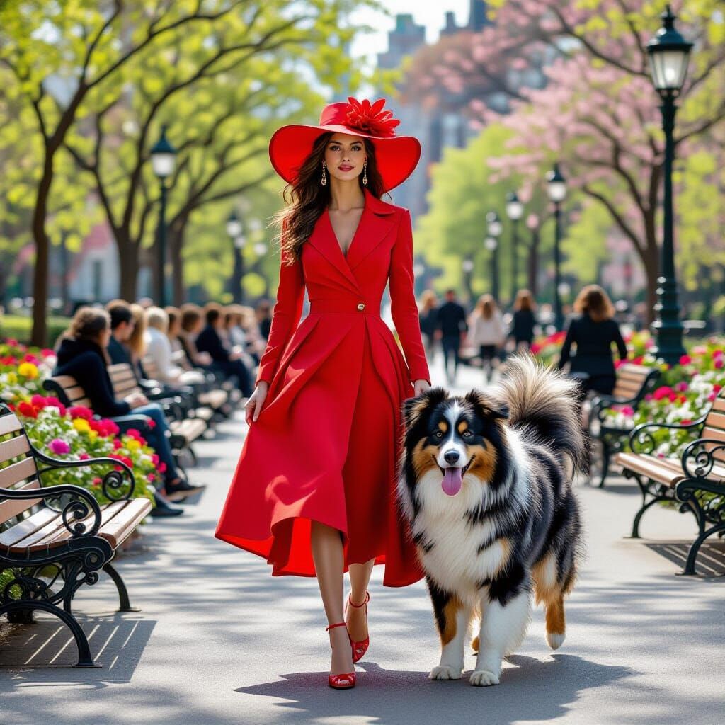 Woman Walks Dog in New York Park, Photorealistic Style