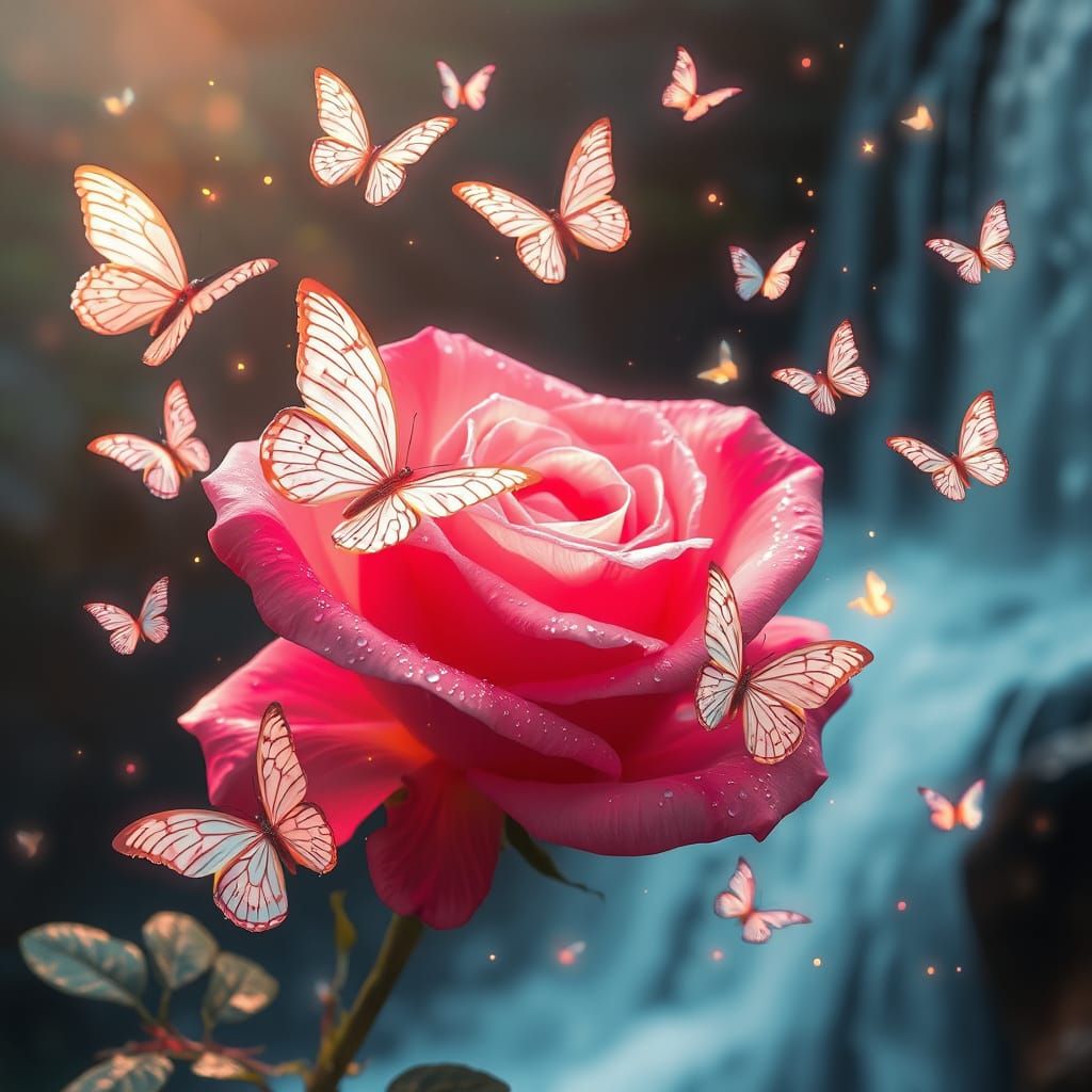 Luminous Pink Rose with Glowing Butterflies Near Waterfall
