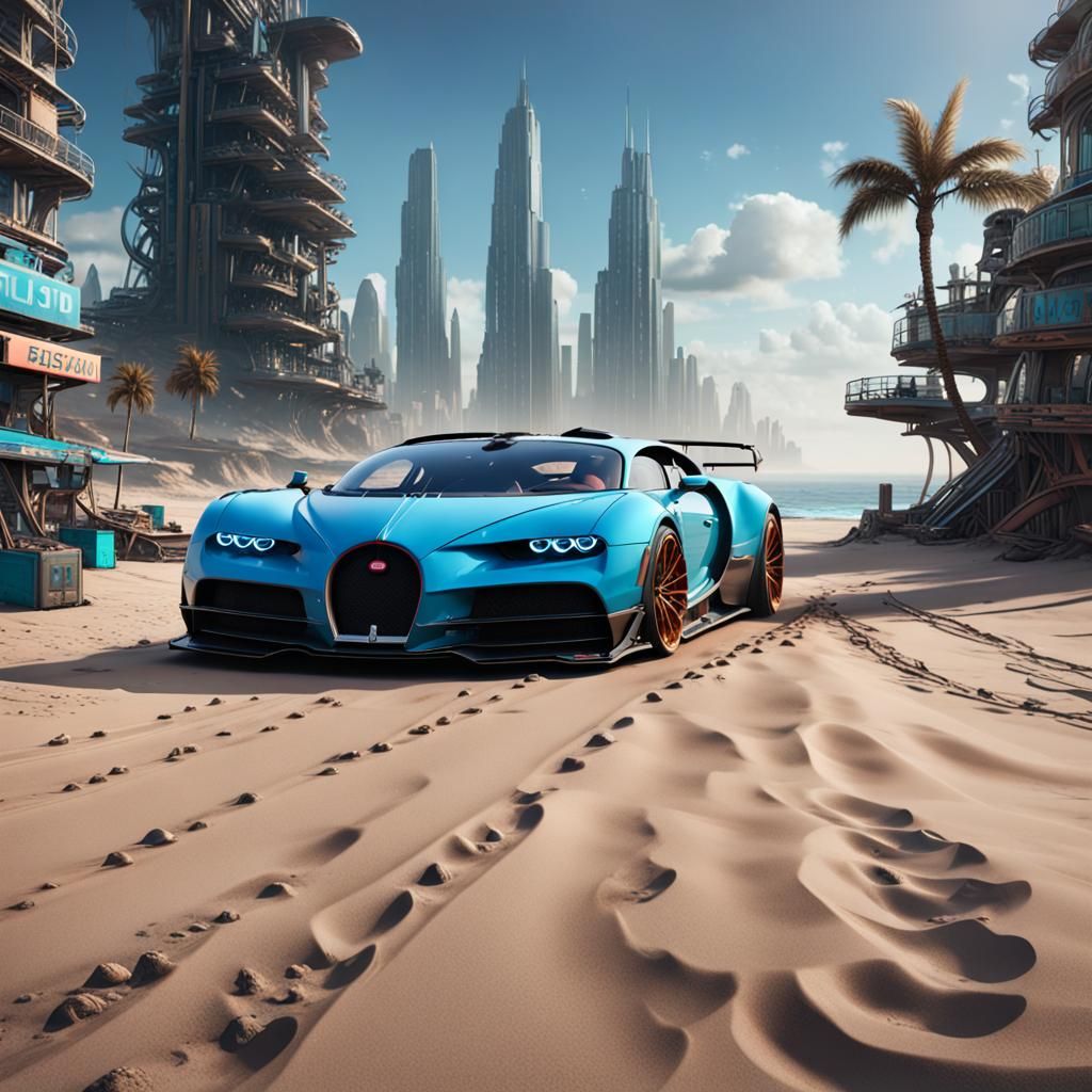 Cyberpunk Bugatti Races on Beach Racetrack Skyline