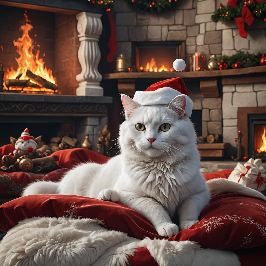 Cat in Santa Hat by Fireplace