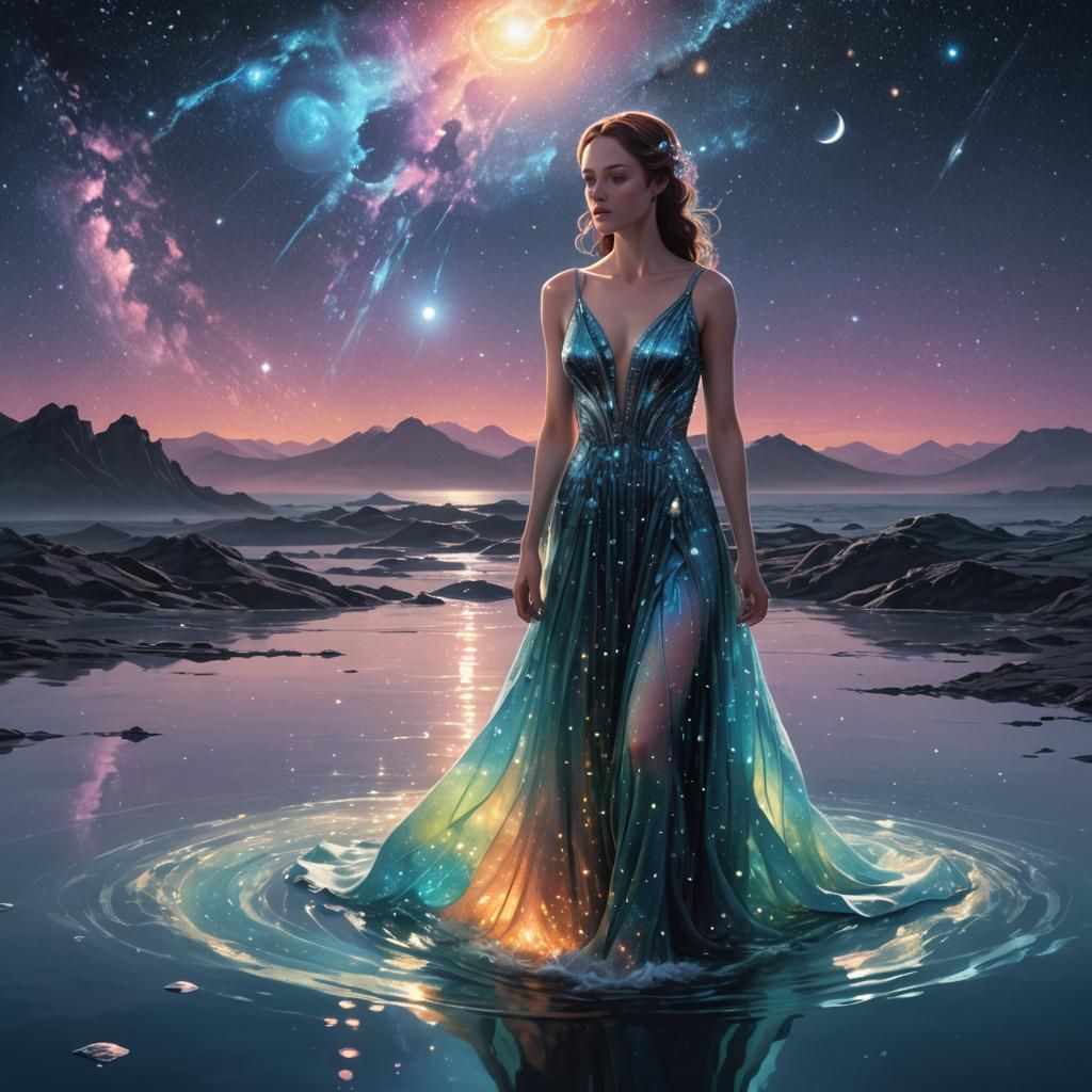 Cosmic Mixed Media: Woman on a Desolate Ocean Planet