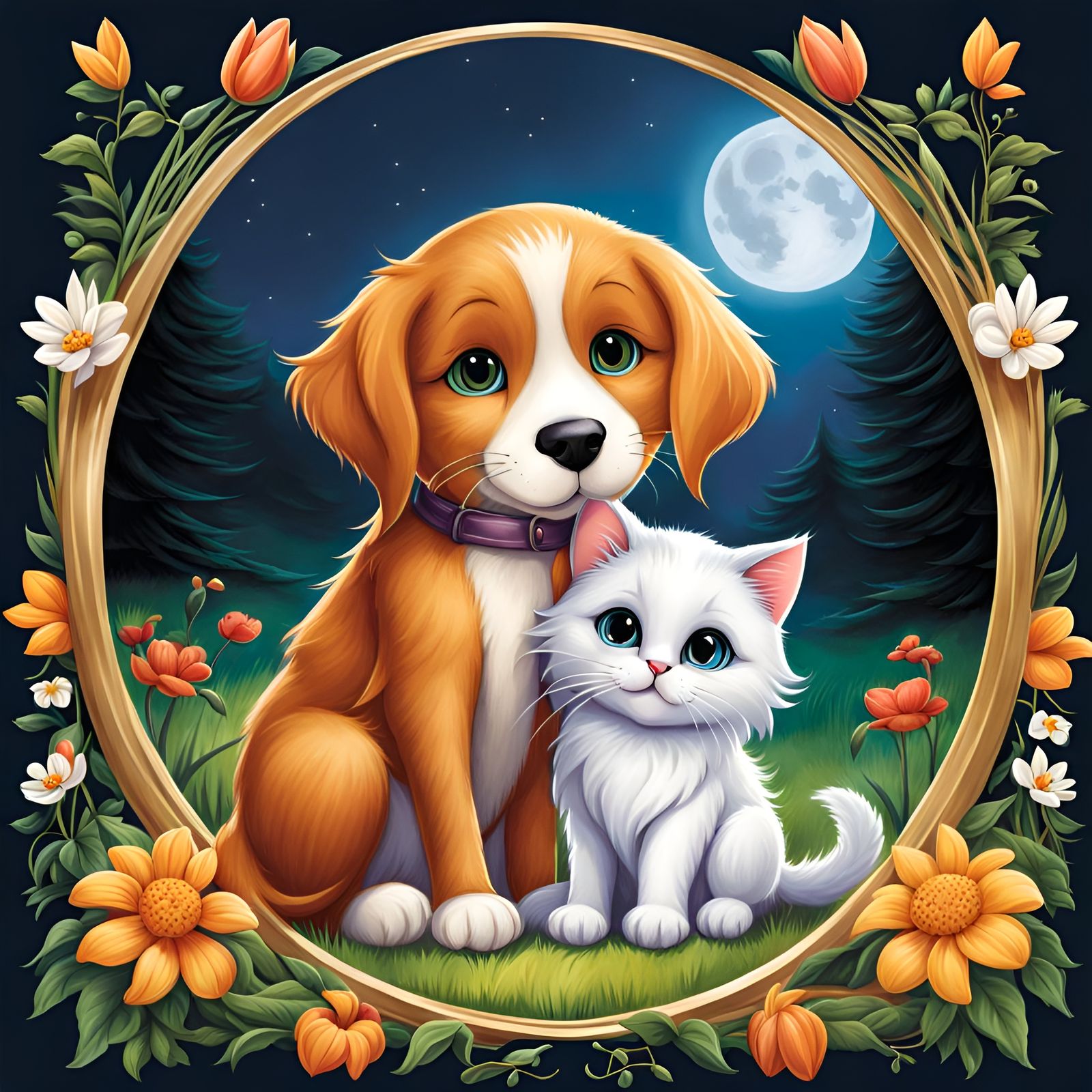 Charming Storybook Illustration: Cat and Dog Hug
