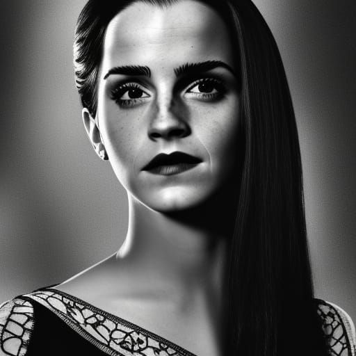 Emma Watson as Morticia Addams: Hyperrealistic Portrait