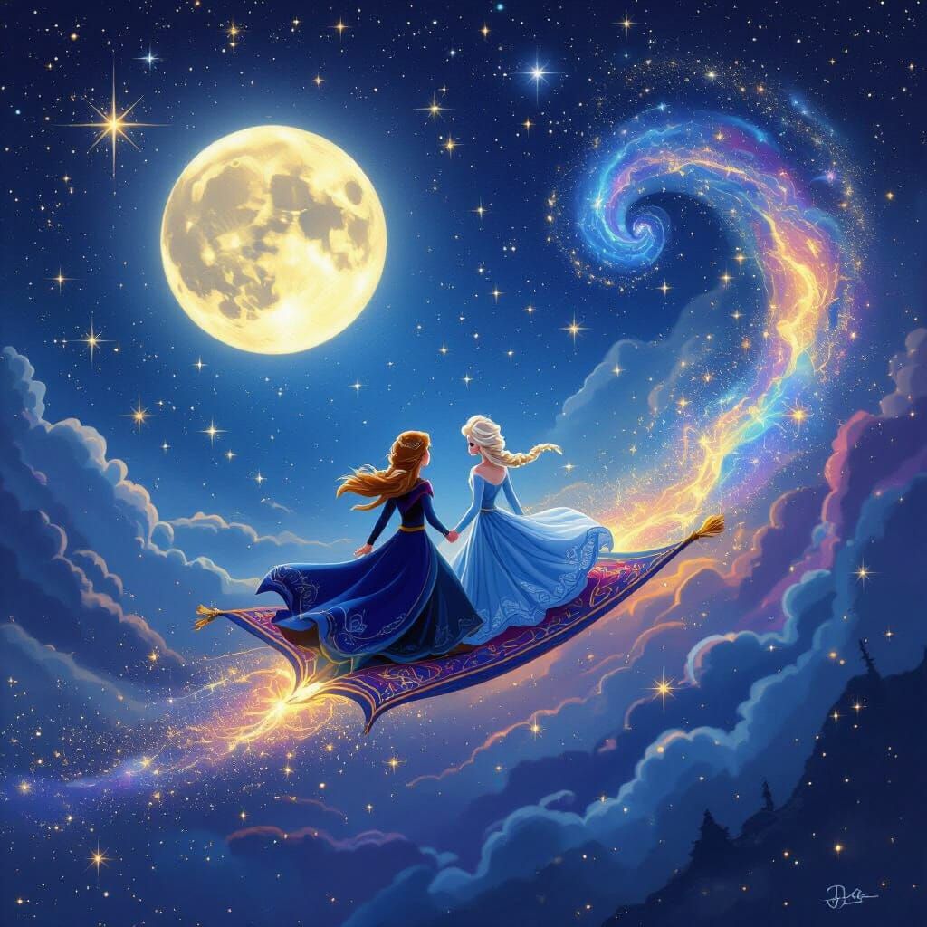 Anna and Elsa's Magical Carpet Ride Through Starry Skies