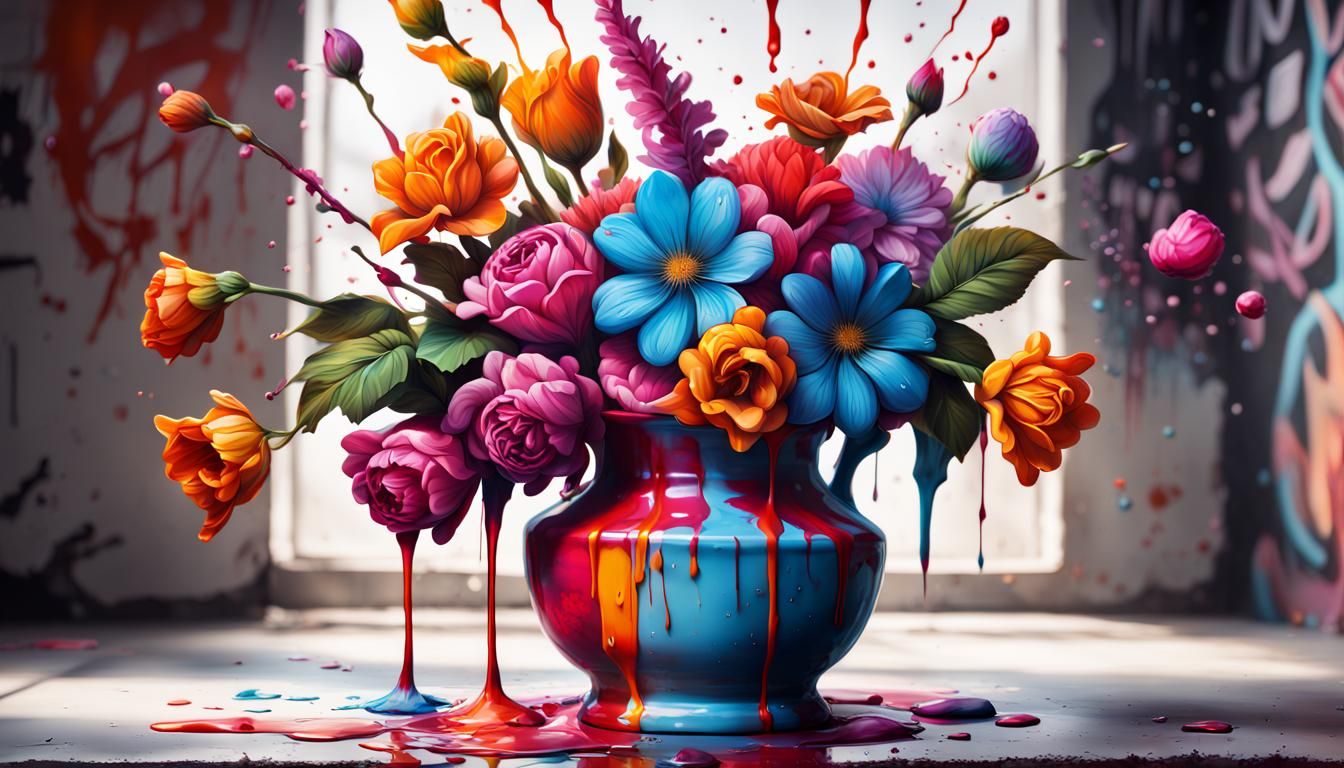 Broken Vase and Flowers in Graffiti Art Style