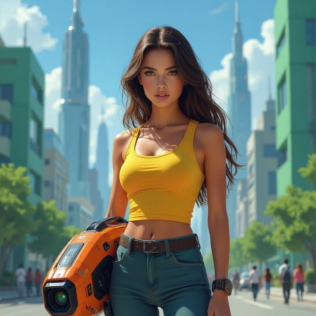 Futuristic Woman in Cityscape, Digital Art Style