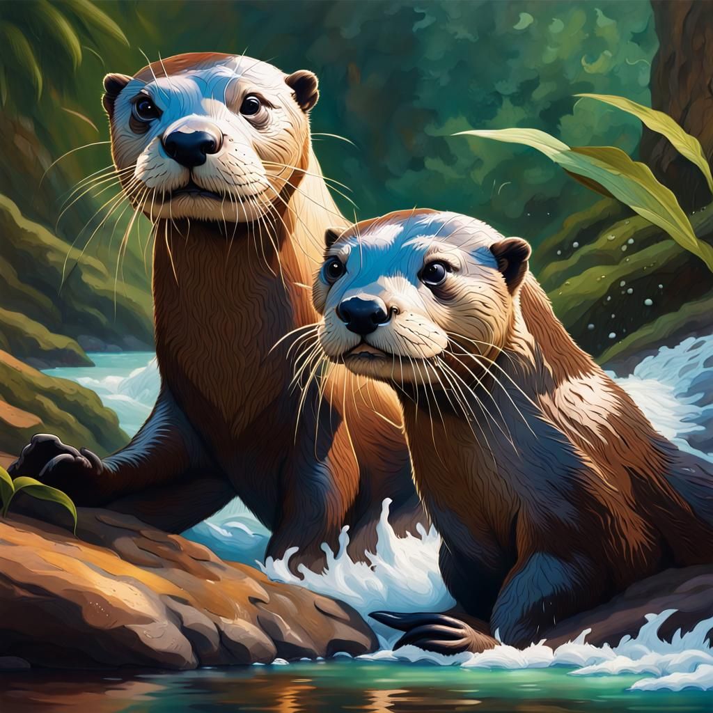 River Otters Play in Rainforest Stream: Hyperrealistic Splas...