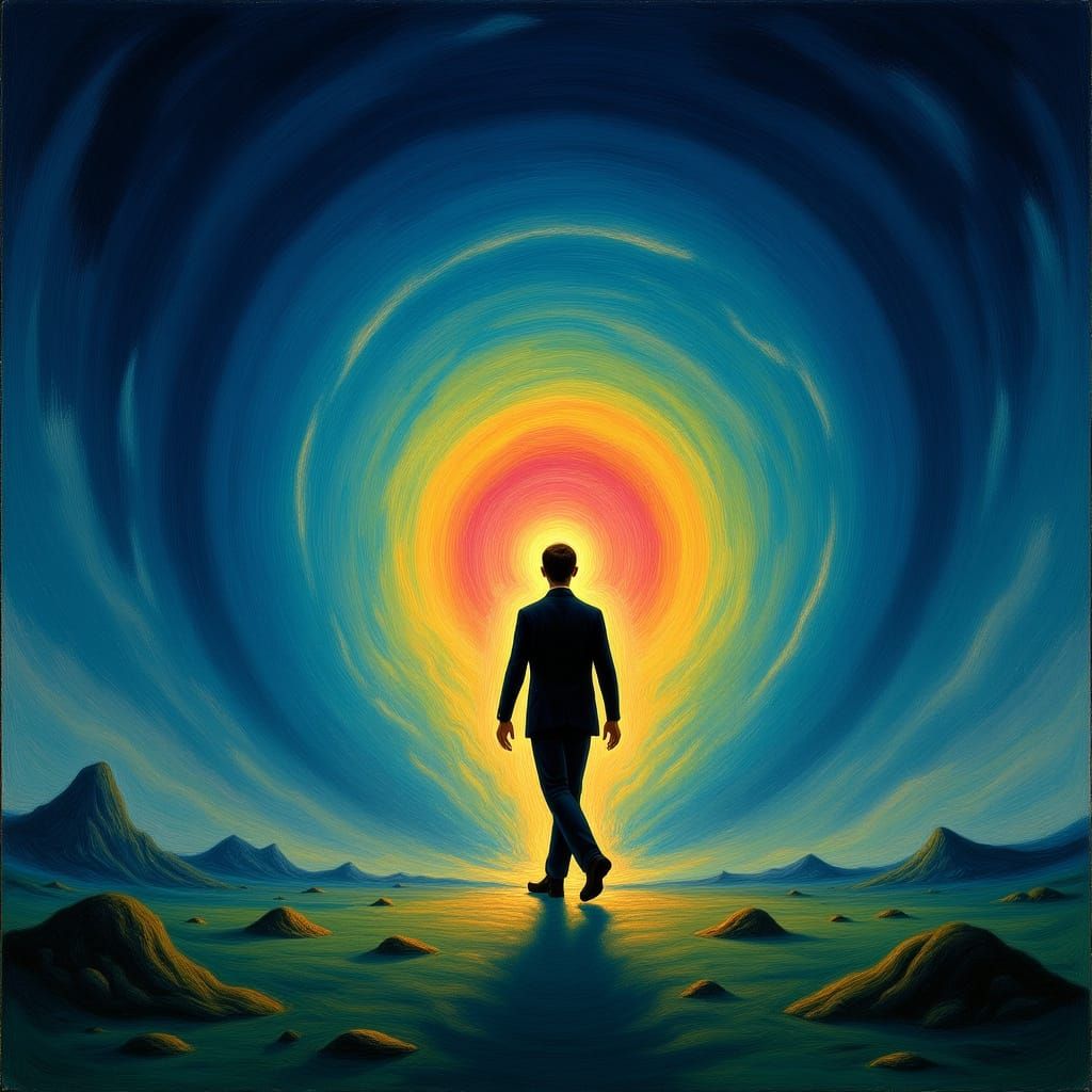 Surreal Figure Steps Through Portal to Alien World