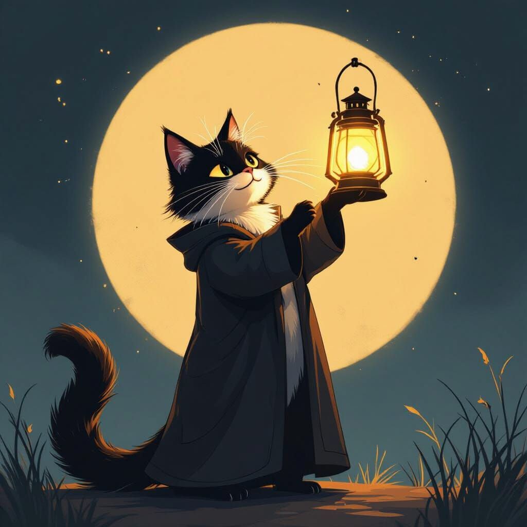 Whiskered Cat Illuminates Night with Lantern