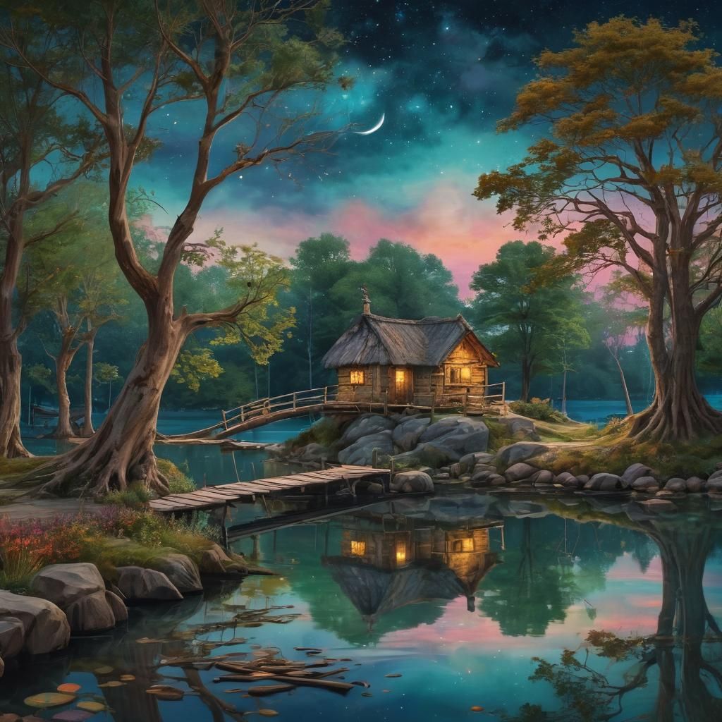Whimsical Landscape with Moonlit Reflections in Watercolor S...