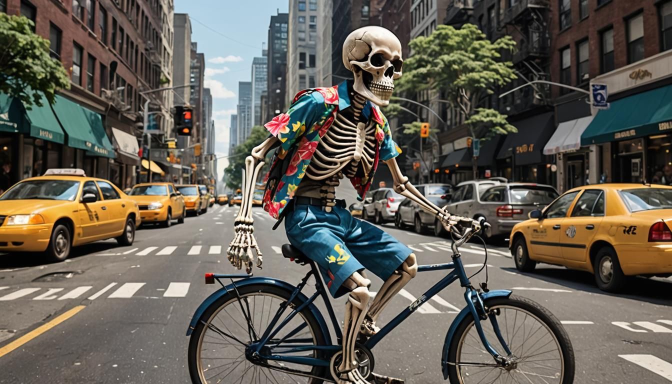 Skeleton Rides Bicycle in New York City