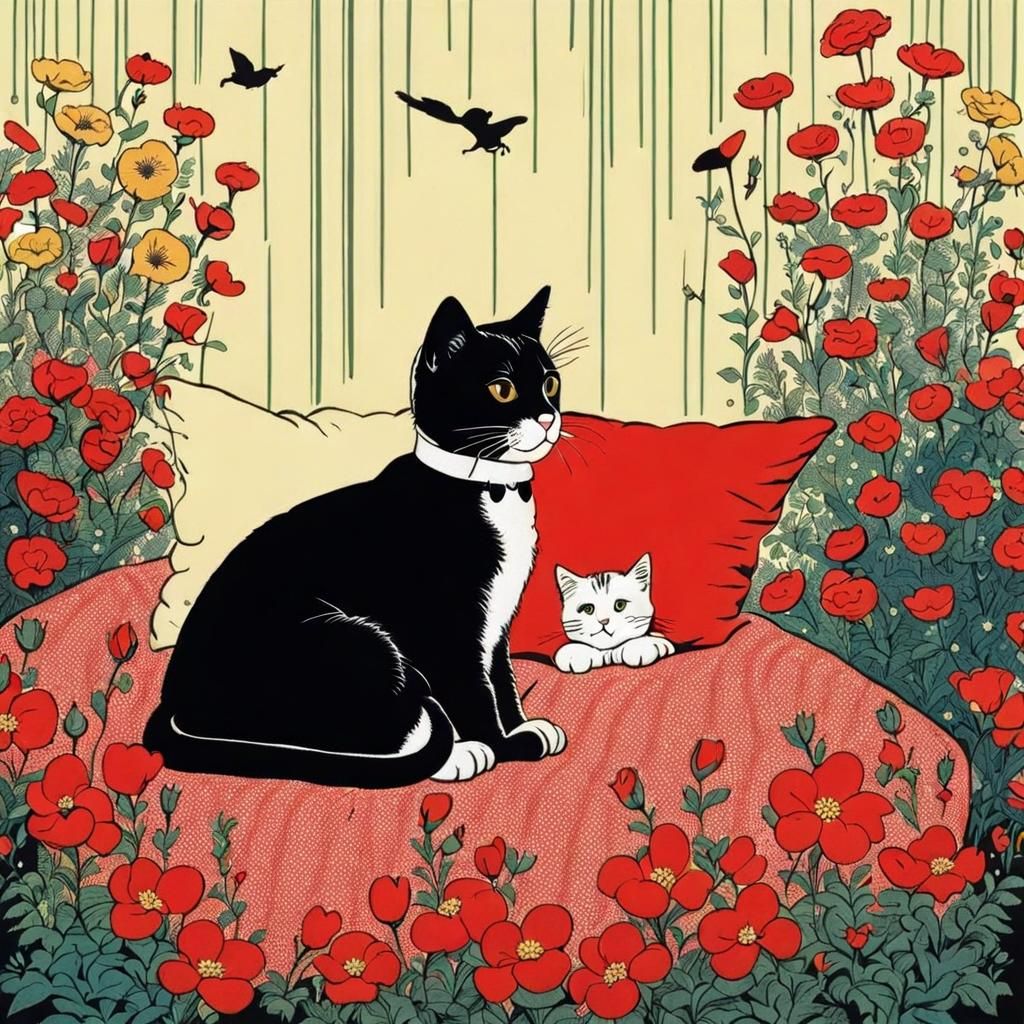 Cute Cat Surrounded by Flowers in Clear-Line Style