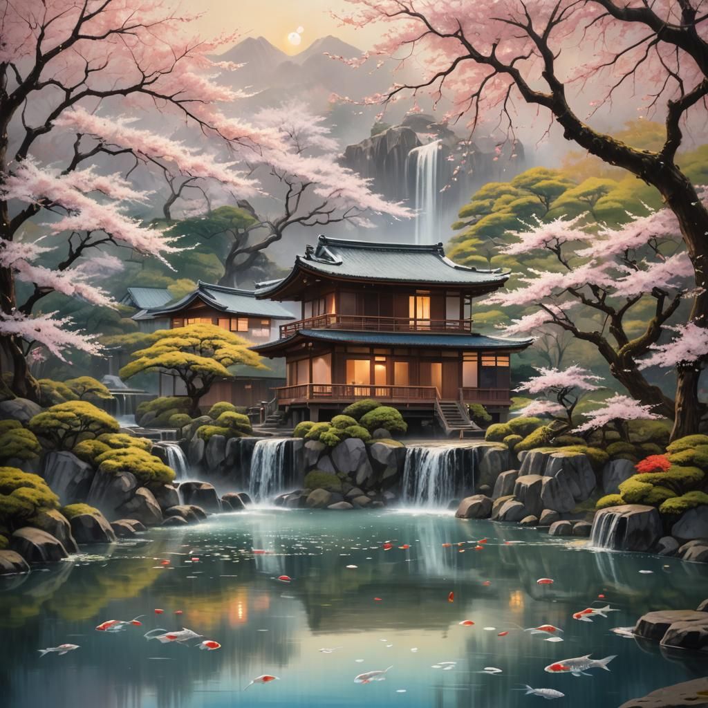 Japanese House with Pond and Waterfall in Sumi-e Style