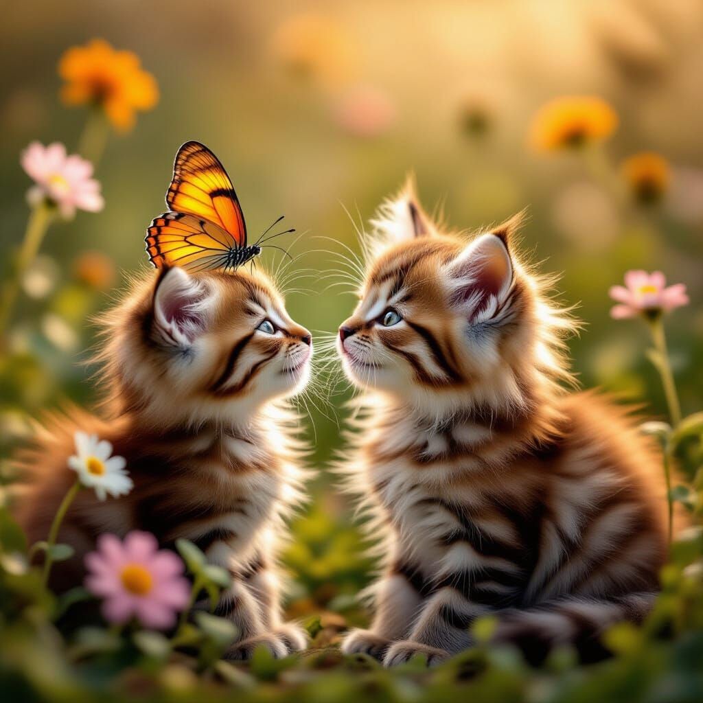 Fluffy Kitten Meets Butterfly in Soft Golden Hour Light