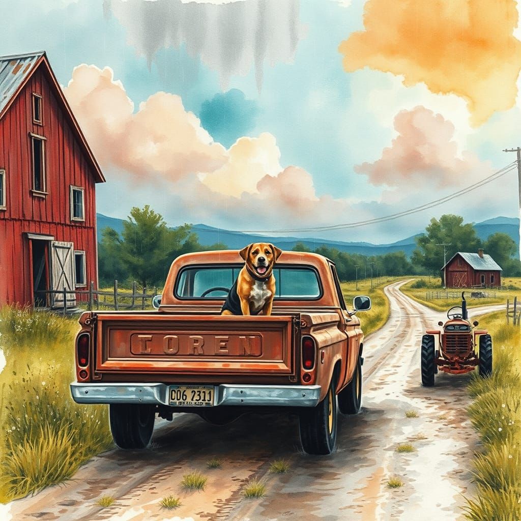 Rustic Country Scene with Grungy Truck and Farm Buildings