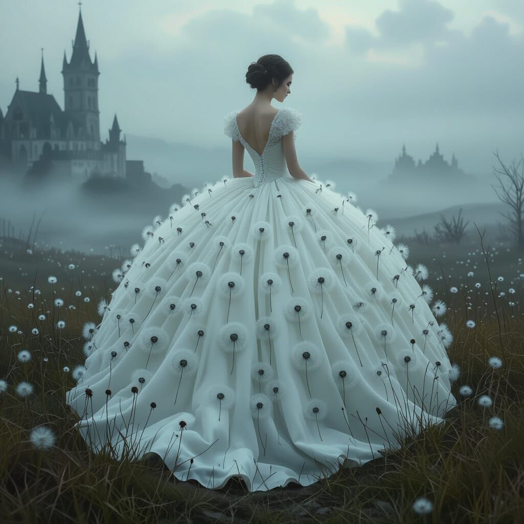 Dandelion Ballgown in Dreamy Landscape, Digital Painting