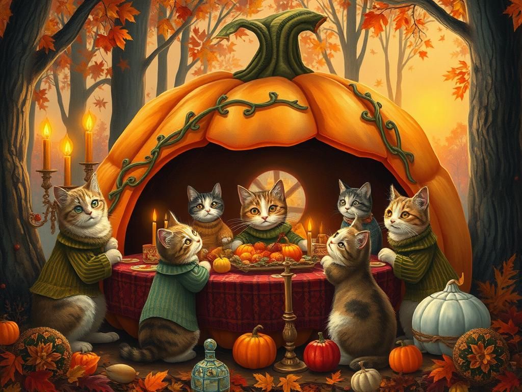 Cozy Cats' Autumn Feast in a Pumpkin