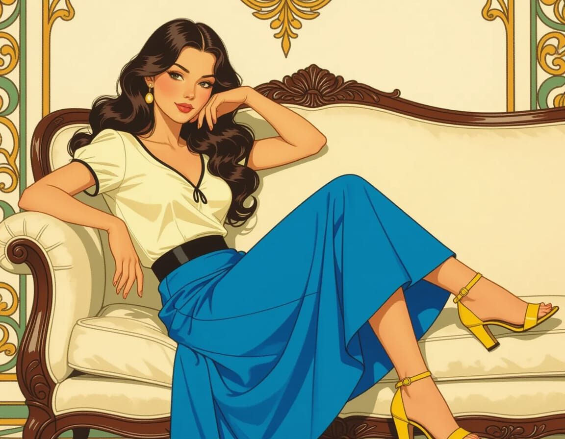 Elegant Woman on Couch in Art Nouveau Style