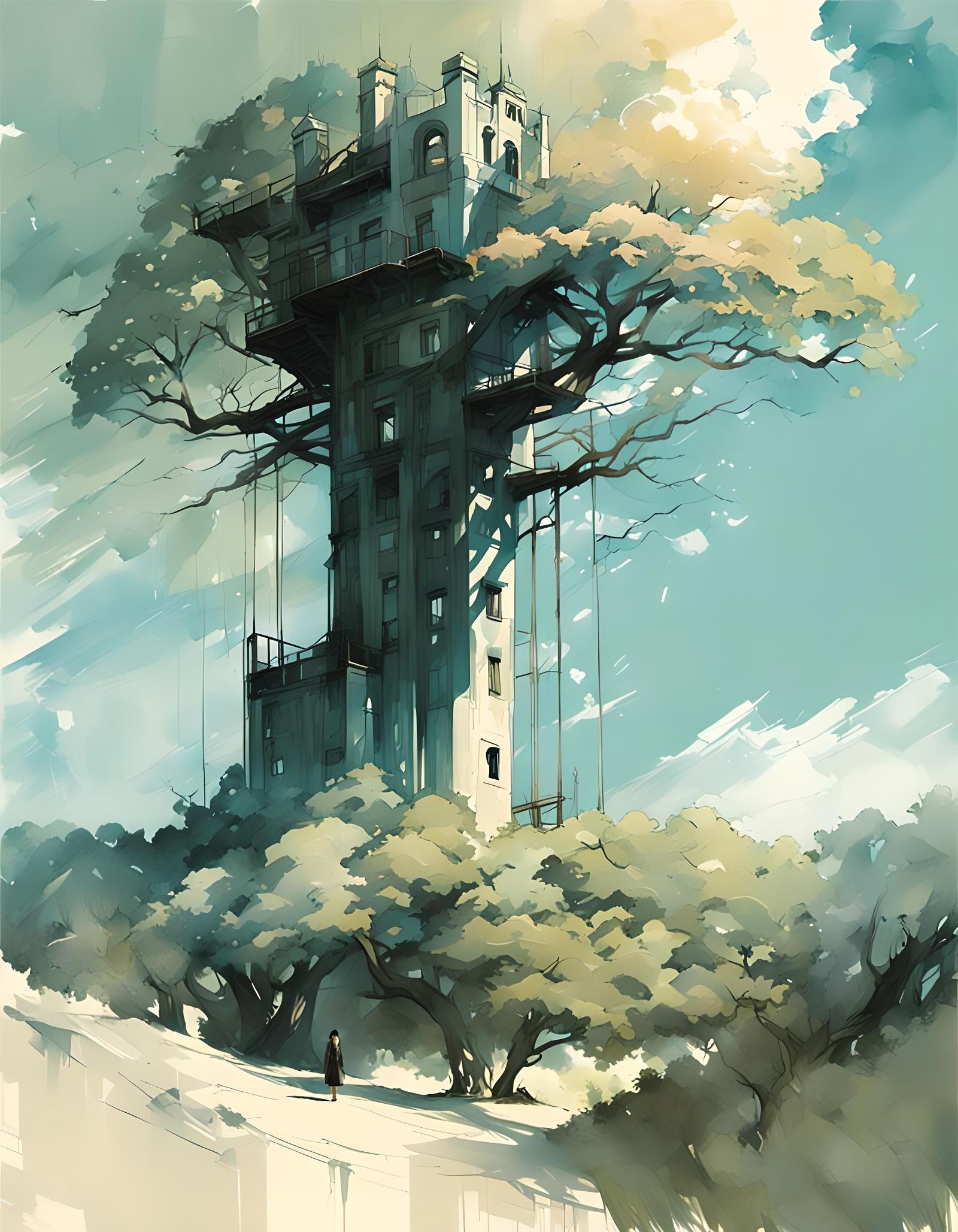 Tower in Tree Line: Digital Art Illustration